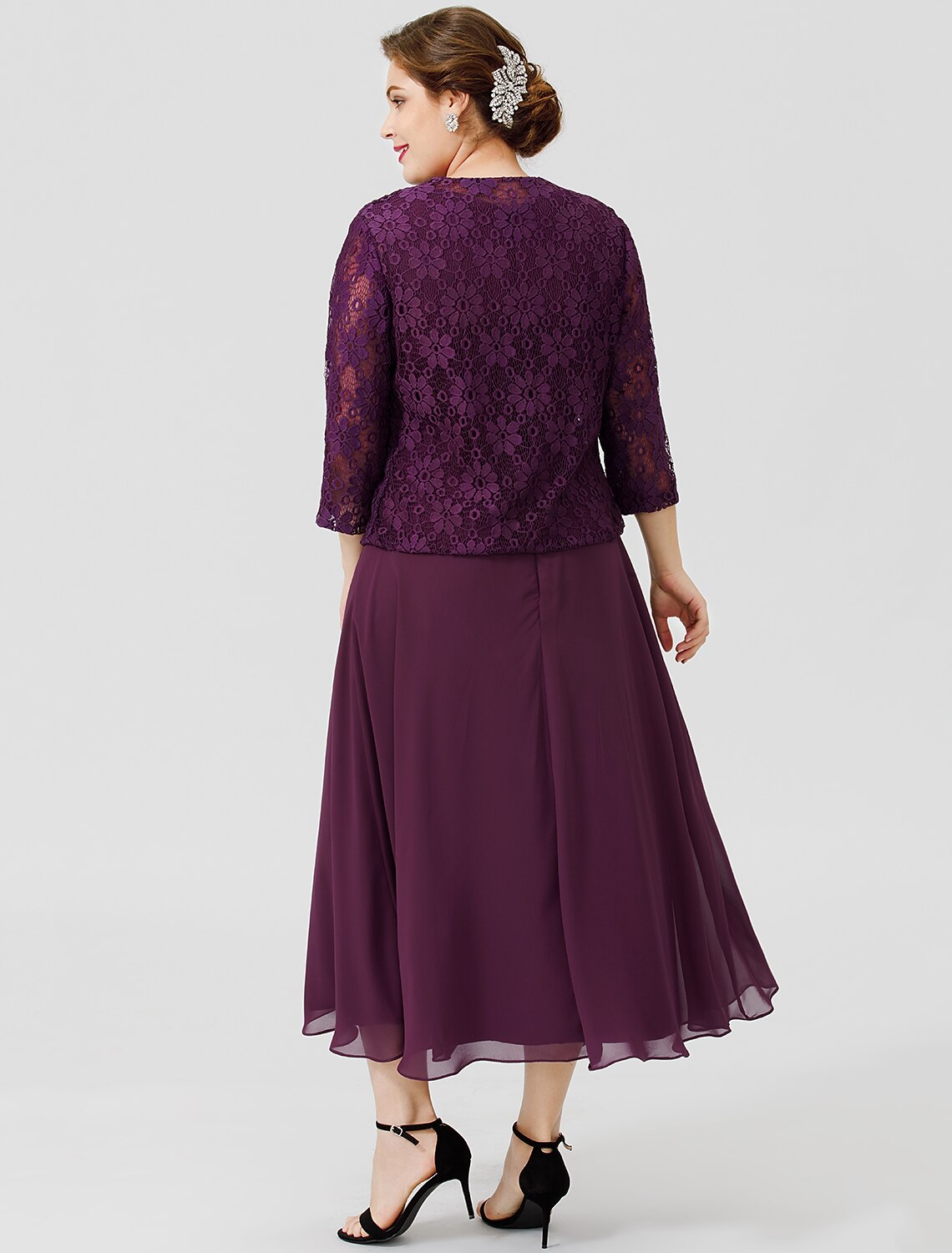 Abito da madre della sposa a trapezio, formale, classico e intramontabile, elegante e lussuoso, taglie forti, scollo a barchetta, lunghezza tè, in chiffon, pizzo floreale, senza maniche, con fascia/nastro a pieghe.